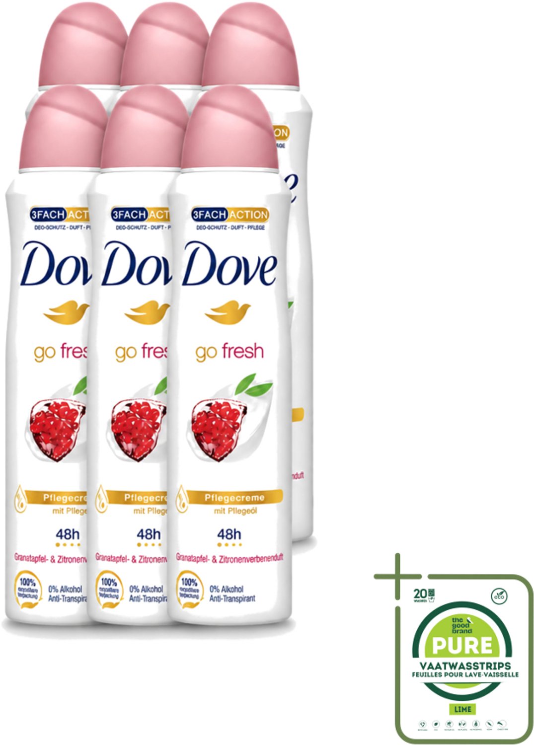 6 x Dove - Deodorant - Go Fresh Granaatappel - Frisse en fruitige geur - 150 ml - Grootverpakking - Vaatwasstrips - Dove Go Fresh - Granaatappel - Anti-transpirant Spray - Geur - Huidverzorging