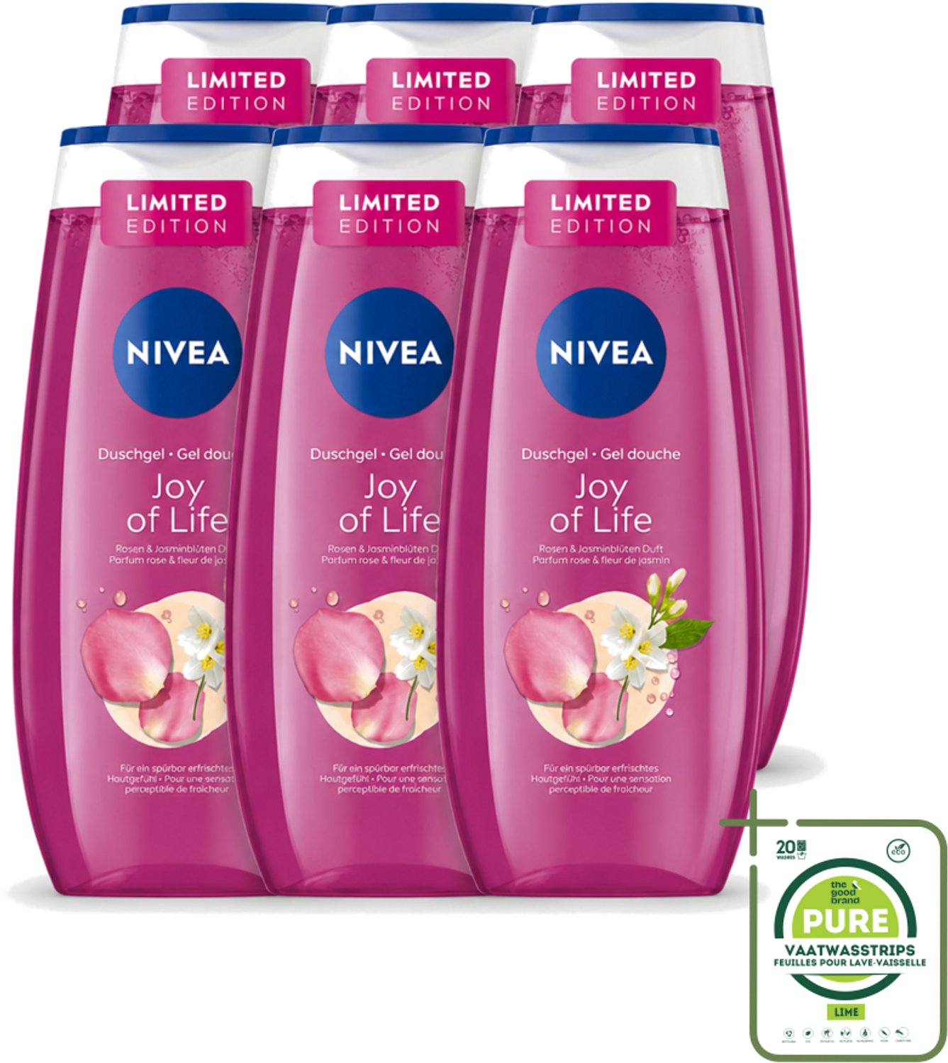 6 x Nivea - Douchegel - Joy of Life - Verfrissend Effect - 250 ml - Grootverpakking - Vaatwasstrips - Douchegel - Frisse Geur - Rozen - Jasmijn - Huidverzorging