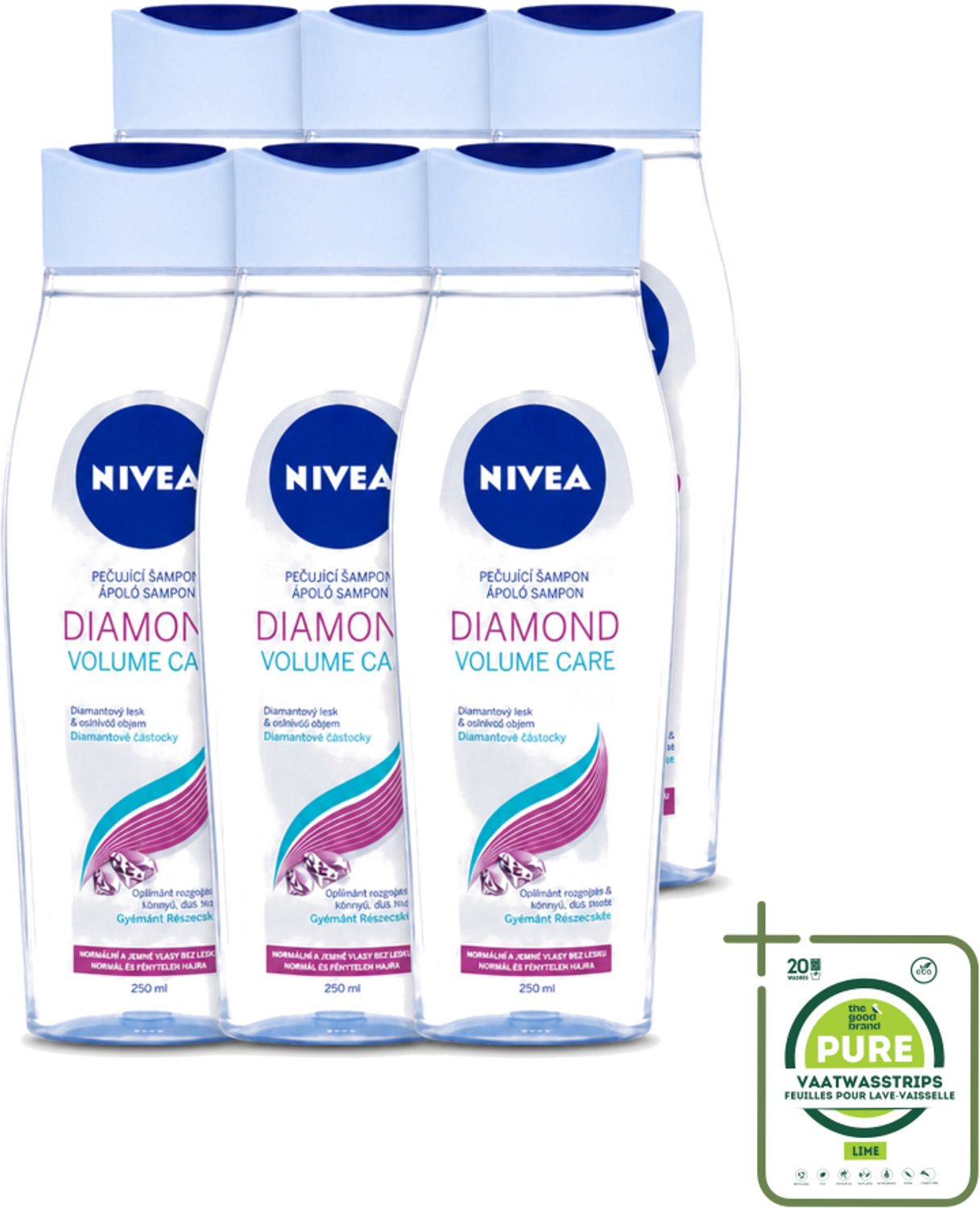 6 x Nivea - Diamond Volume Care Shampoo - 250 ml - Grootverpakking - Vaatwasstrips - Volume Haar - Glans Haar - Diamantpoeder - Verzorging Haar - Natuurlijke Glans