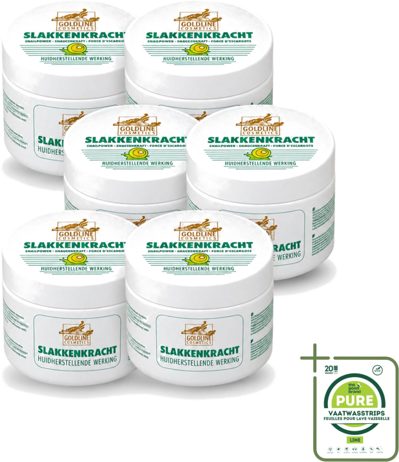 6 x Goldline - Bodycrème - Slakkenkracht - Huidverzorging - Verzachtend - 250 ml - Grootverpakking - Vaatwasstrips - Huidverzorging - Slakkenkracht - Bodycrème - Herstelcrème - Hydratatie