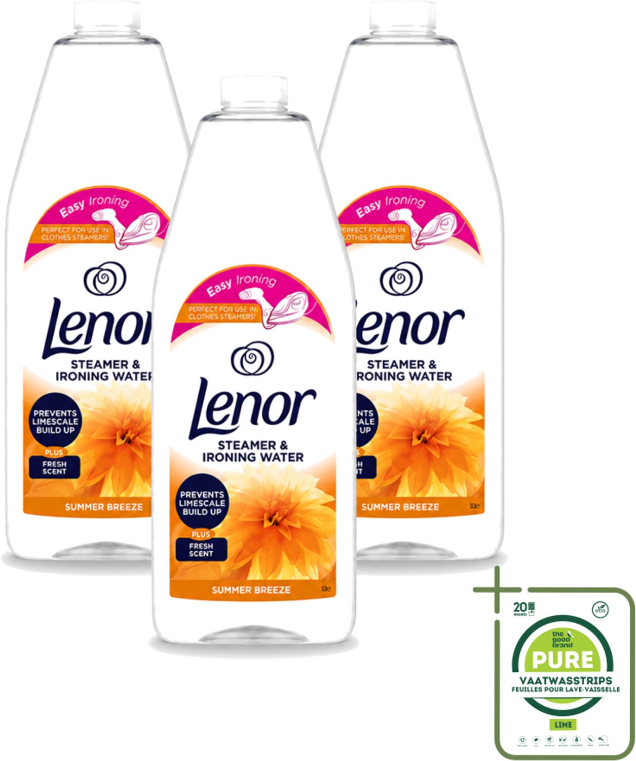 3 x Lenor - Strijkwater - Summer Breeze - Textielverfrisser - 1000 ml - Grootverpakking - Vaatwasstrips - Strijkwater - Zomerse Geur - Textielverfrisser - Wasgoed - Kledingverfrisser
