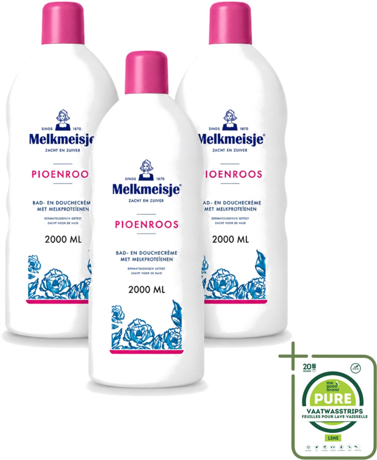 3 x Melkmeisje - Bad & Douche - Pioenroos Geur - Verzorgend & Hydraterend - 2000 ml - Grootverpakking - Vaatwasstrips - Douchecrème - Melkmeisje - Pioenroos - Huidverzorging - Melkproteïnen