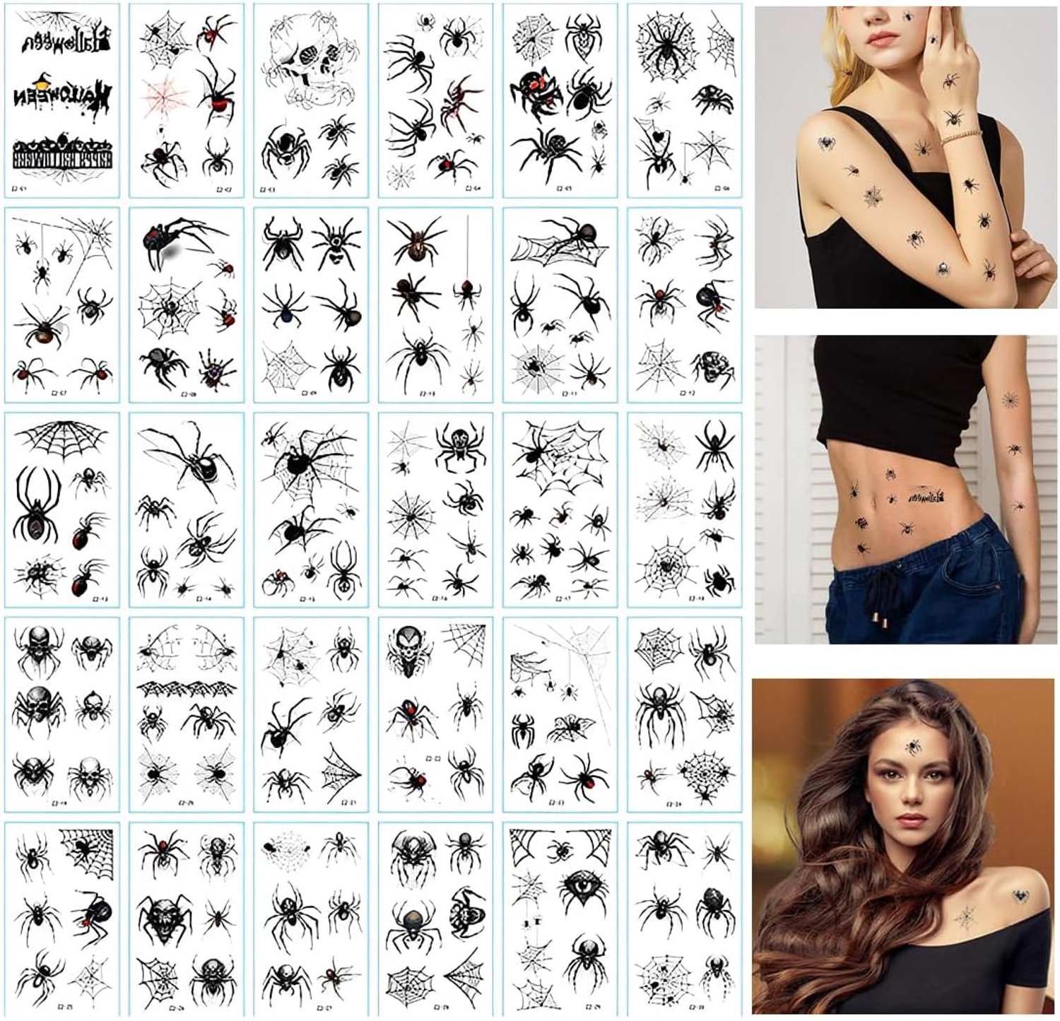 30 vellen tijdelijke Halloween-tatoeages, nepspinnenwebben, nepzombielittekens, zelfklevende tatoeages met nepkorstjes en nepbloed, voor kostuums, decoraties cosplay en Halloweenfeesten (B)