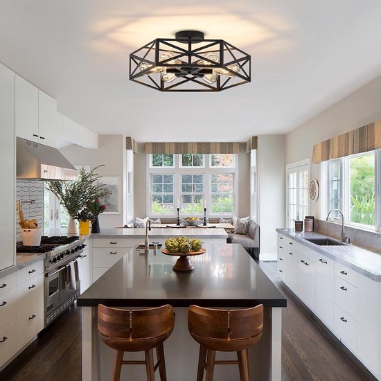 Vintage Plafondlamp Zwart 6 lichten E27, Industrieel Stijl Half Ingebouwd Metaal, Modern Kooi Lichtarmatuur voor Keuken, Gang, Slaapkamer, Woonkamer en Entree — afbeelding 4