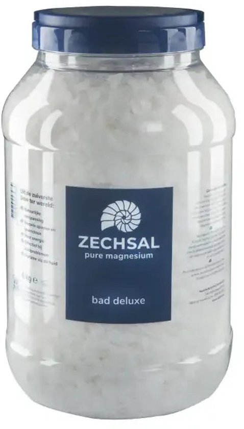Zechsal pure magnesium badzout in een transparante pot met blauw deksel. Op het label staat 'ZECHSAL pure magnesium bad deluxe'.