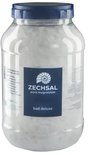 Zechsal pure magnesium badzout in een transparante pot met blauw deksel. Op het label staat 'ZECHSAL pure magnesium bad deluxe'.