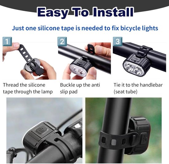 Fietsverlichting - Set voor- en achterlicht - LED-fietsverlichting - USB oplaadbaar - Met spot- en breedstralerstanden - Geschikt voor nachtelijke ritten op de weg en mountainbike - 2 stuks — afbeelding 3