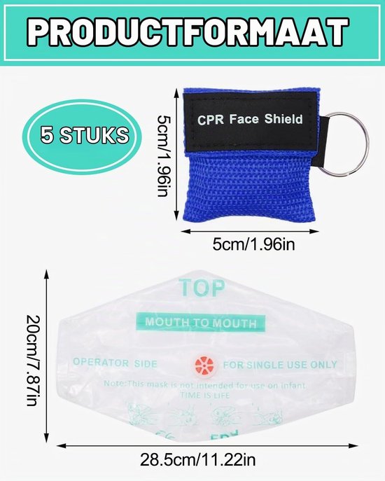 5 stuks Pocket Mask EHBO-gezichtsmaskers Cpr met sleutelring met adembarrière in één richting adembeschermingsmaskers adembeschermingsmaskers CPR Face Shield — afbeelding 3