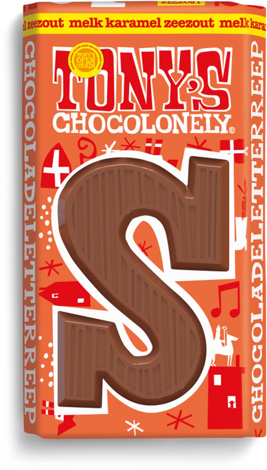 Tony's Chocolonely - Chocoladeletter - Schoencadeautjes - Sinterklaas - reep Karamel Zeezout - 21 x 90 gram - Fairtrade Belgische Chocolade