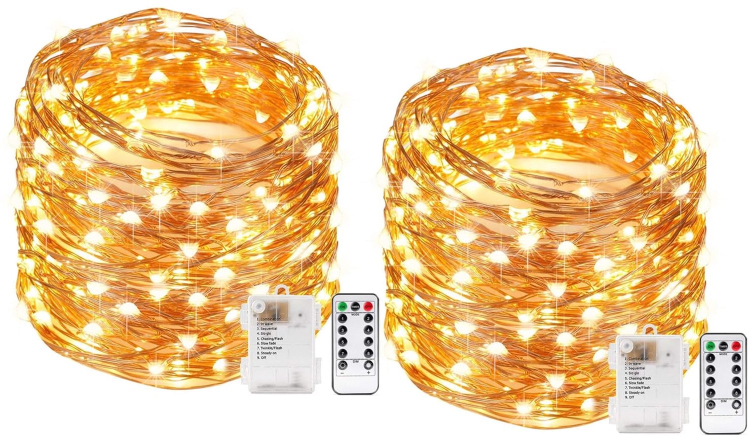 Lichtsnoer Binnen en Buiten Met Afstandsbediening - 2 stuks 10 M 100 LEDs - Lichtsnoer - Fairy Lights - Op Batterijen - LED-lichtsnoeren - 8 standen - Timerfunctie - IP65 Waterdicht - LED Lampjes Slinger - Warm Wit - Sfeerverlichting