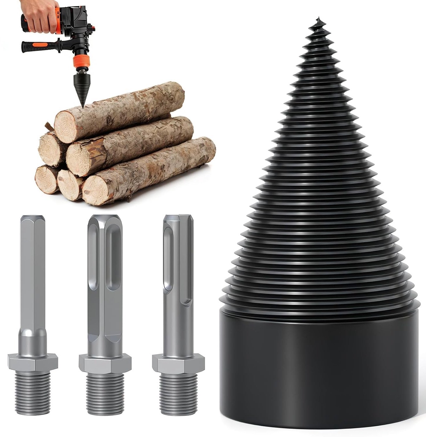 Haardhoutboor, boorkegel, houtsplijter, 32 mm, met 3 boorschachten, draadkegel, splijtkegel voor boormachine, brandhout, splijtboor, houtsplijtboor, voor houtsplijten voor bosbouw