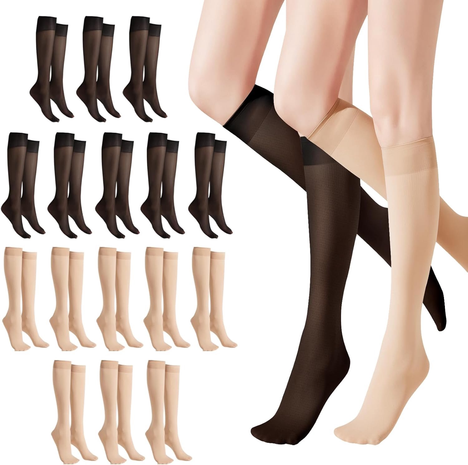 16 paar 20 DEN kniekousen voor dames, nylon kousen, nylon kniekousen voor dames, dunne nylon kousen, transparant, fijne kniekousen, zwart, beige, elastische zachte nylon sokken, fijne kousen