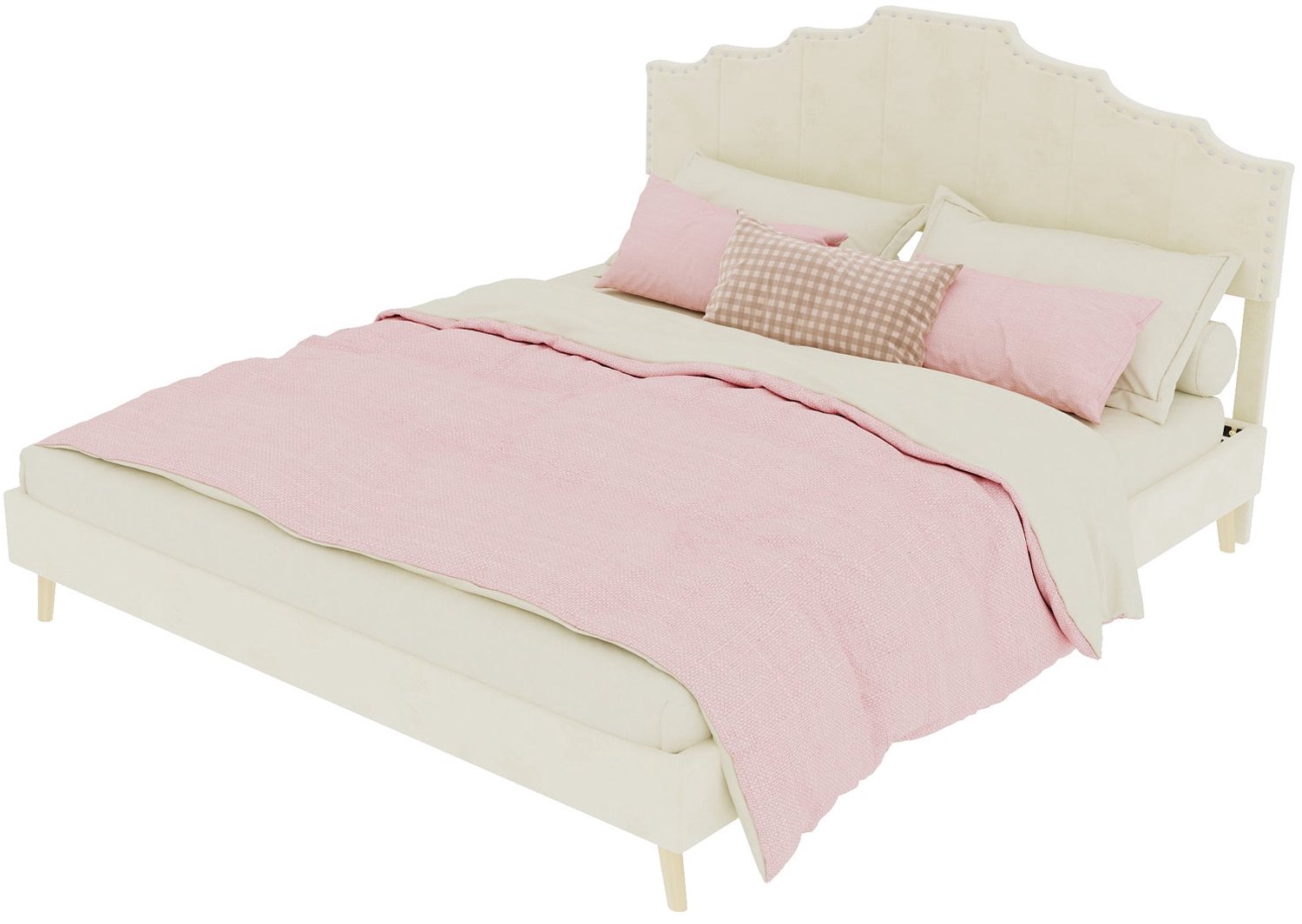 Merax Gestoffeerd Bed 160 x 200 cm - Beige - Zacht Hoofdbord Met Siernagels - Houten Lattenbodem - Tweepersoonsbed - Zonder Matras