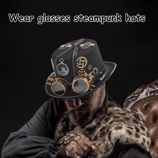 Steampunk Hoed - Steampunk-hoeden met bril, gotische vintage cosplay hoge hoed, aankleedaccessoire, Halloween-kostuum voor mannen, tijdreiziger outfit | Feestkleding voor volwassenen — afbeelding 3