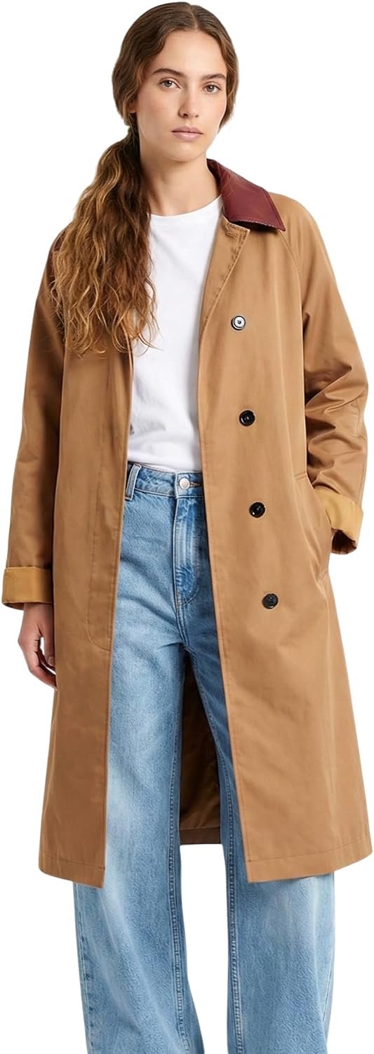 Lange trenchcoat voor dames met contrasterende kraag van kunstleer, verborgen knoopsluiting, ceintuur, 100% polyester