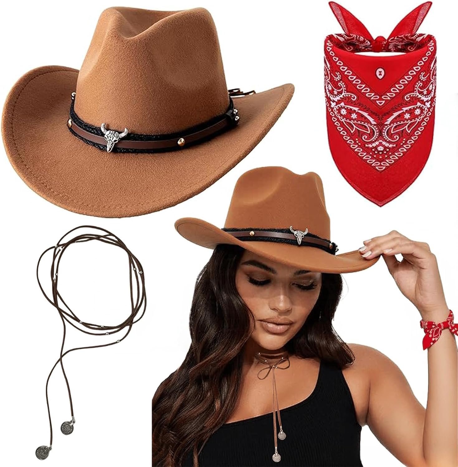 3 stuks, voor dames en heren, westernhoed, bohemian-stijl, kruk, paisley, bandana, western cowboyhoed, outfits, accessoireset voor Halloween, carnaval, maskeradefeesten