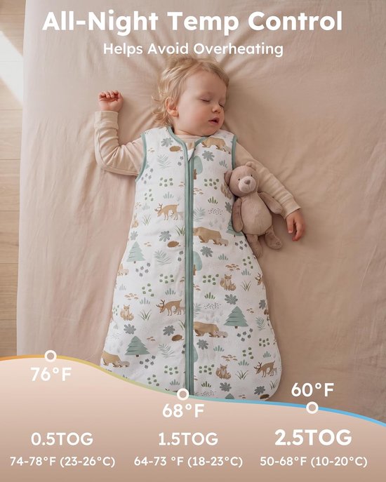 Slaapzak voor baby's, 2,5 TOG, 0-6 maanden, winterslaapzak, katoen, pasgeborenen, draagbare deken voor meisjes en jongens, warme 2-weg-ritssluiting, slaapzak, 67 cm, groene beer — afbeelding 3