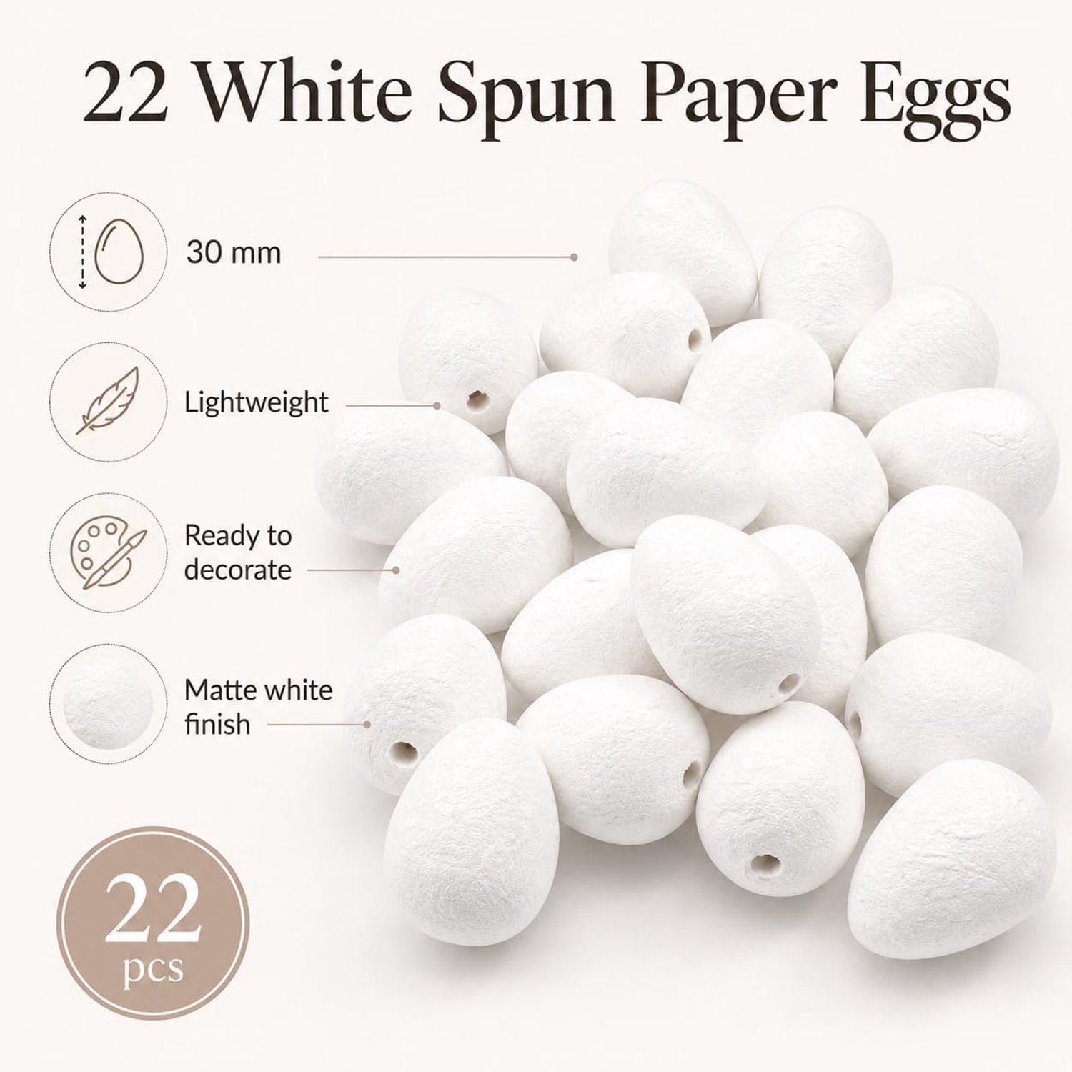 22 witte papieren eieren 30 mm, ovale knutselvormen van gesponnen papier om te schilderen en decoreren, voor handgemaakte decoratie, bloemwerk, miniaturen en creatieve projecten