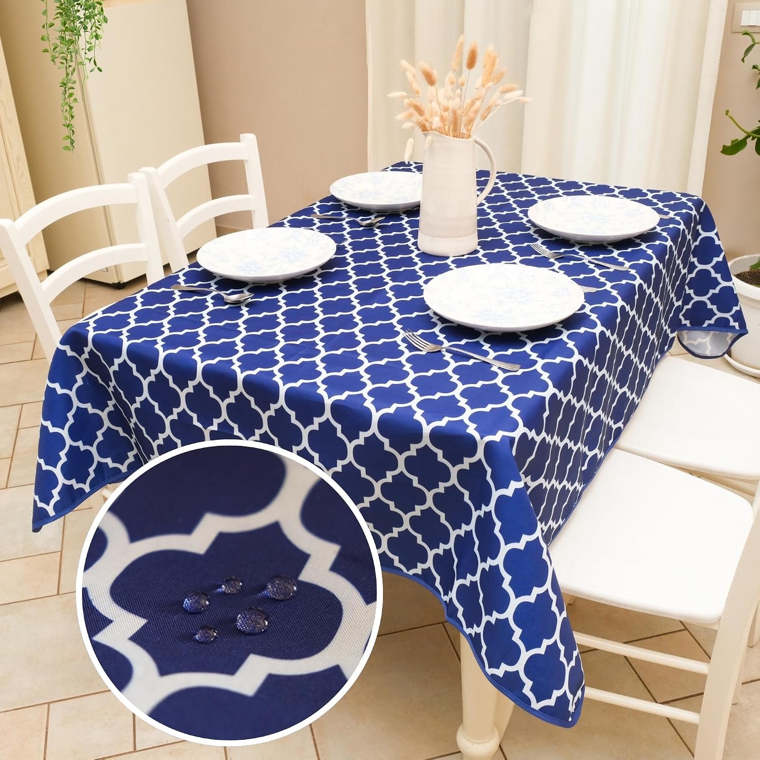 Vlekafstotend tafelkleed, 140 x 180 cm, waterafstotend, blauw, tafelkleed, vlekbestendig, rechthoekig, voor binnen en buiten