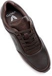 Topview van een bruine leren sneaker met Vinto logo op de binnenzool.