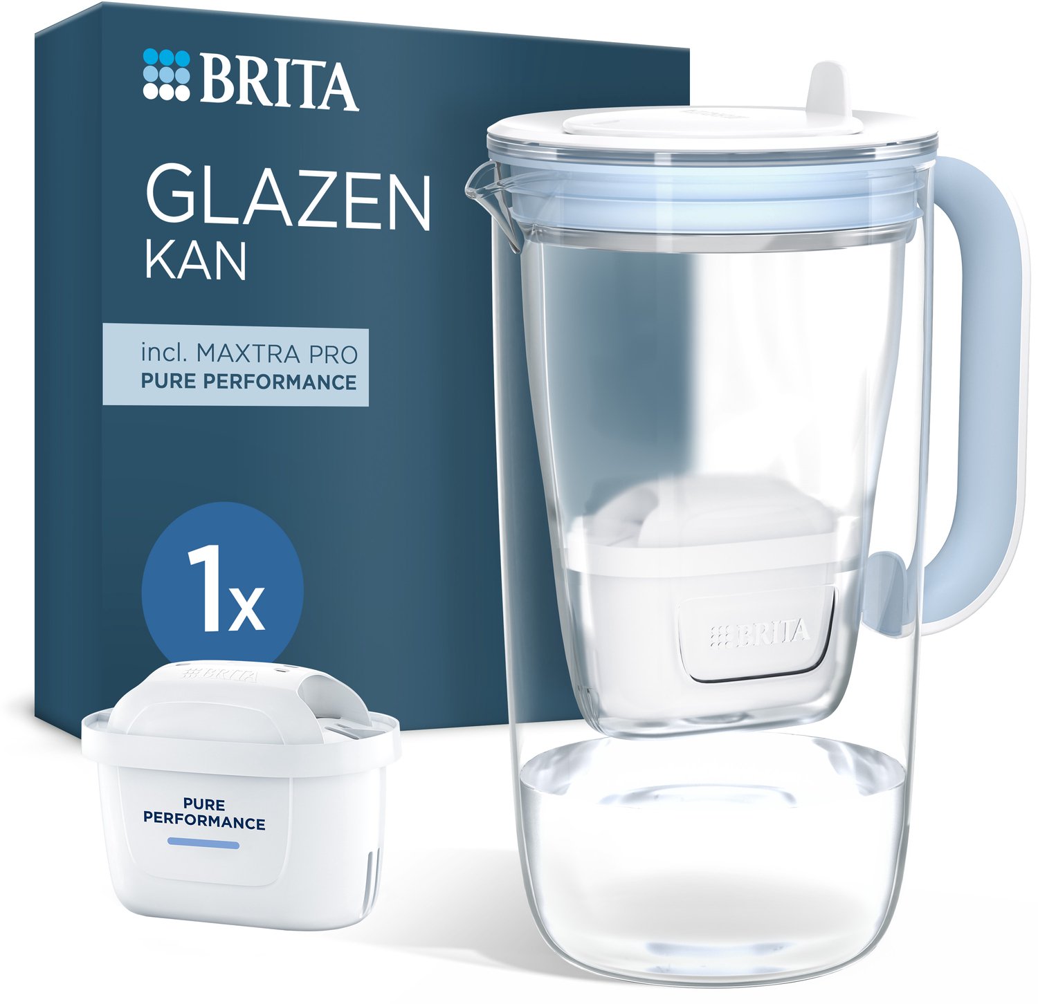 Bol.com BRITA - Glass Jug Waterfilterkan - 2,5L - Blauw - Glazen waterkan - incl. 1 MAXTRA PRO Pure Performance filterpatroon aanbieding
