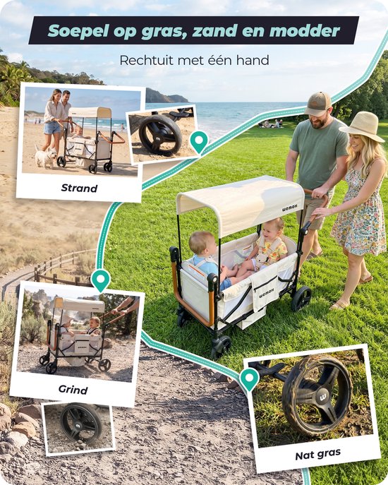 WEMOH Bolderkar voor 2 Kinderen - Opvouwbaar - Met 2 Zitjes, 5-Puntsgordels, UPF 50+ Dak, Muggennet, Duwstang & Rem - Max. 68 kg - Crèmewit — afbeelding 5