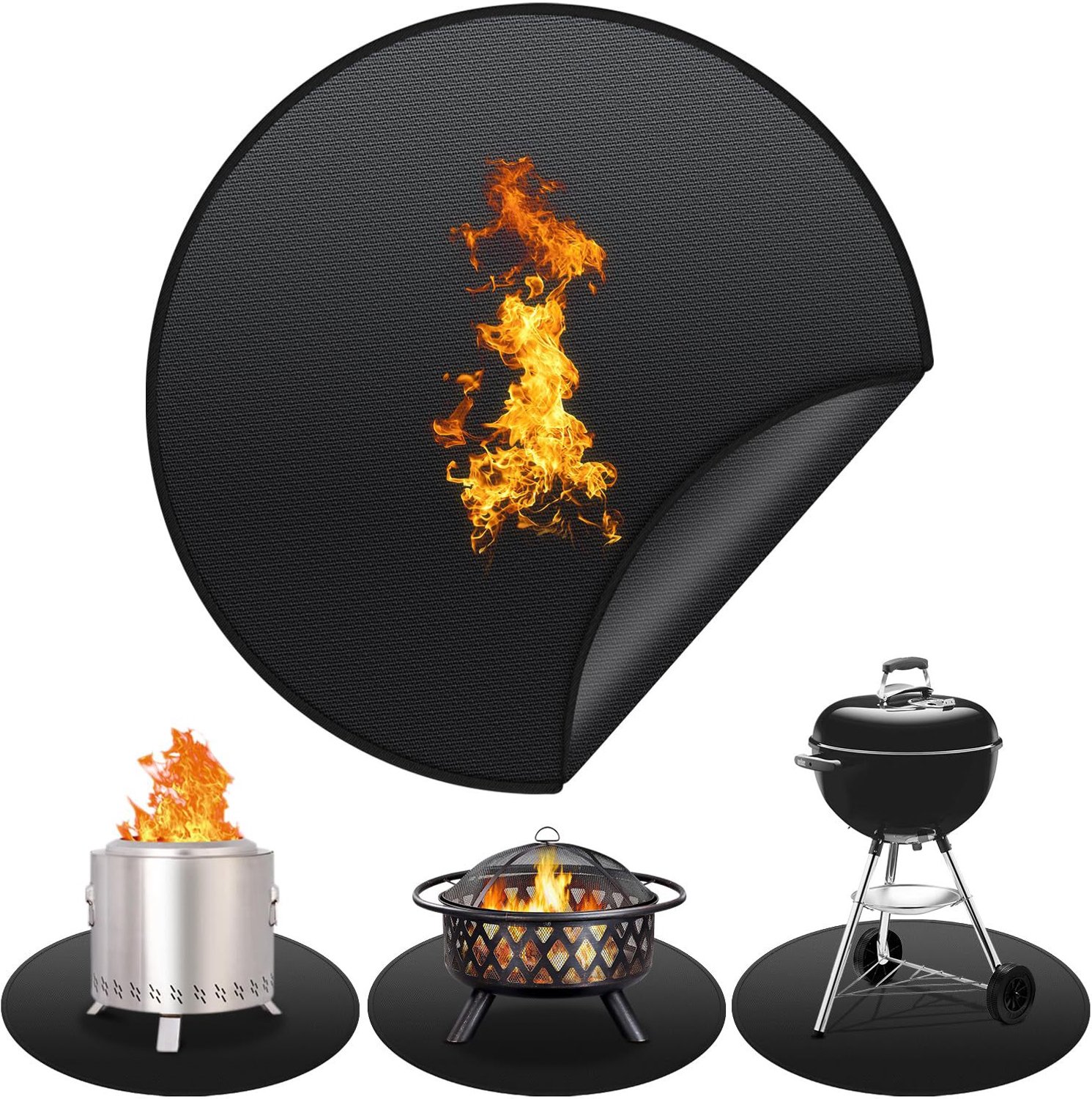 BBQ-mat - Draagbare campingmat voor kooktoestel - Ronde vuurkorfmat - Vlamvertragende beschermmat voor terras - Geschikt voor kamperen, picknicks en buitenactiviteiten - Zwart - 91 cm (36 inch)