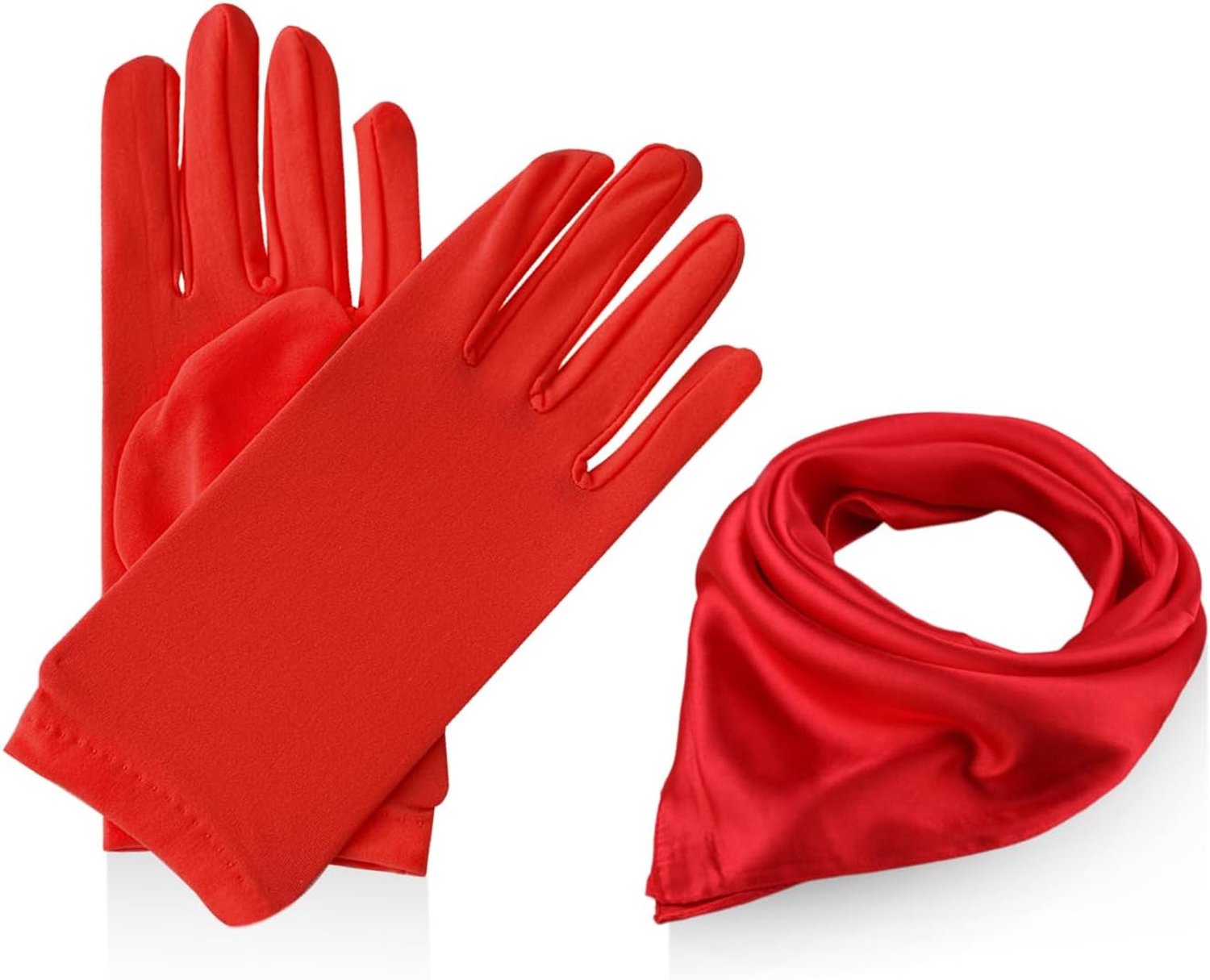 1 paar rode handschoenen, 1 rode zijden sjaal, satijnen prinsessenhandschoenen, bruidsbalhandschoenen, danshandschoenen met vingers, rode handschoenen voor dames, Rood, M