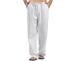 Remxi Linnen broek voor heren, losse pasvorm, strandbroek, lichtgewicht trekkoord, elastische taille, rechte pijpen, broek