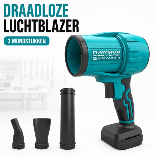 Turquoise MAWIRON luchtblazer met zwart handvat en drie verwisselbare mondstukken.