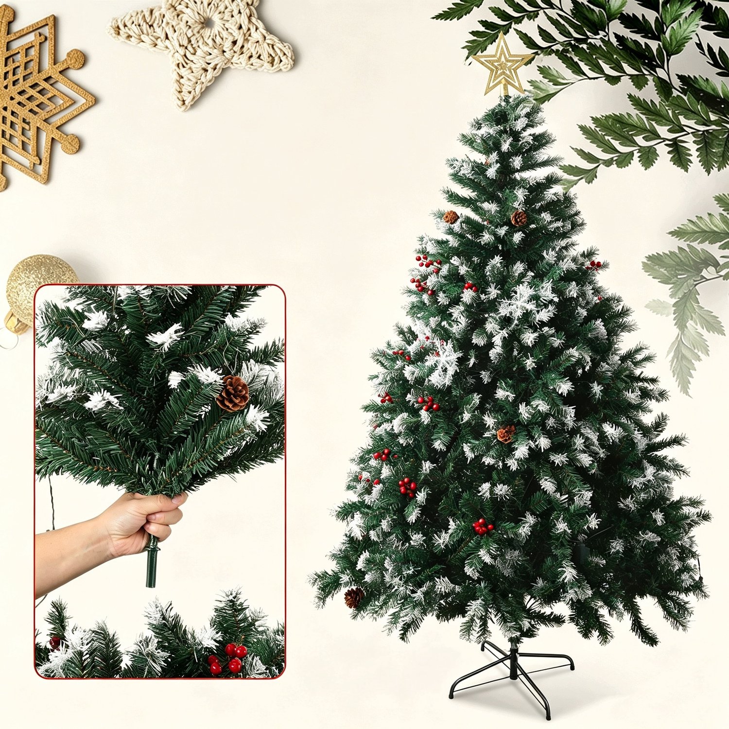 ANNA 210cm Kunstkerstboom met LED – Realistische Sneeuwlook, Met Ster Top & Dennenappels – Metalen Standaard - Groen – foto 3