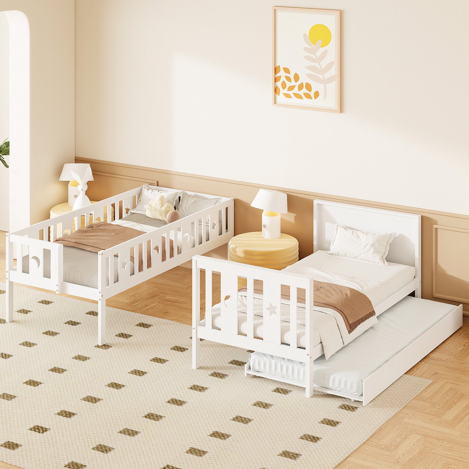 Merax Kinderbed 90x200 cm - stapelbed - uitschuifbaar bed 90x190 cm - met veilig laddertje en opbergladder - wit - zonder matras