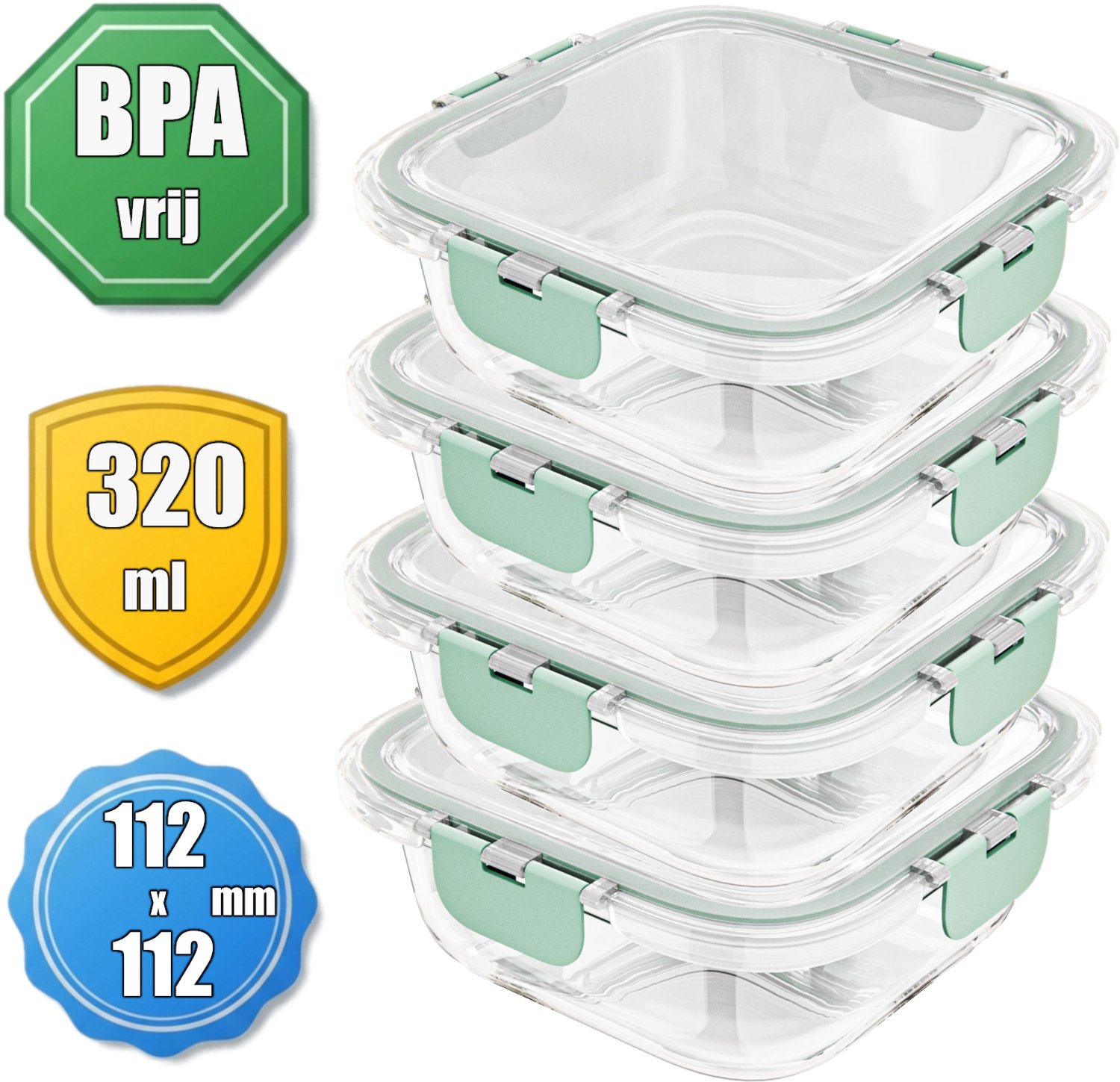 Vershoudbakjes Glas Klein 320ml 4st - Vierkant Luchtdicht Stapelbaar - Bewaarbakjes BPA-vrij - AMIG