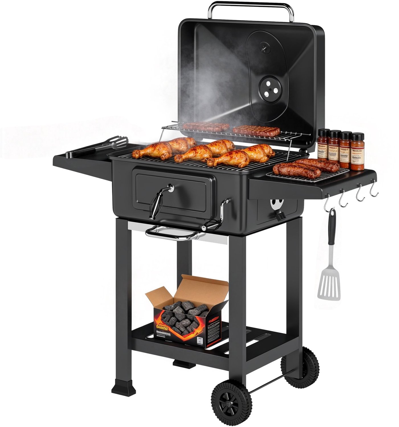 Houtskoolbarbecue met lekbak en verstelbare ventilatie, zijplanken, wielen, thermometer, deksel en deur.