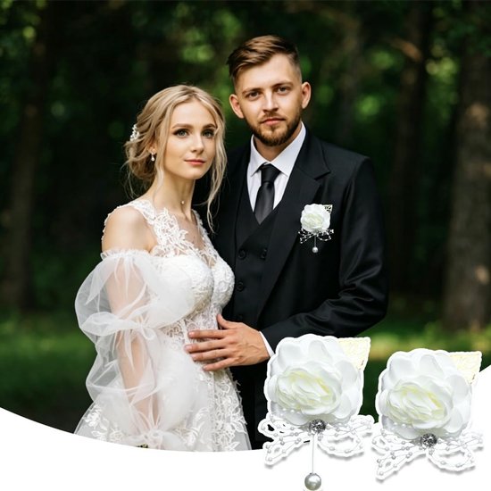 2 stuks Corsage Rose Pols Bloem met Strass en Parel Hand Bloem Zijde Roos Set voor Bruiloft en Prom Decor Party Homecoming Pak voor Mannen Vrouwen Bruids Bruidsmeisje Bruidegom (Wit) — afbeelding 3