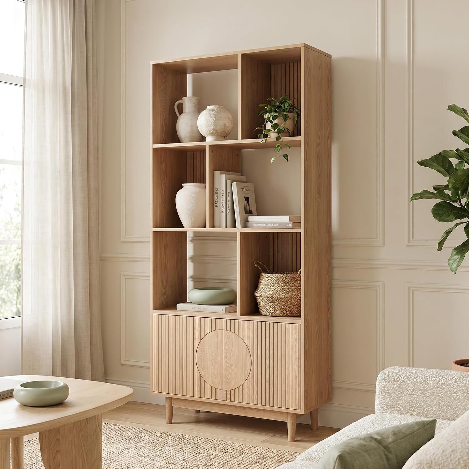 Scandinavische boekenkast, 180 cm hoog, 2 deuren en 6 vakken, afwerking in Lila eikenhout