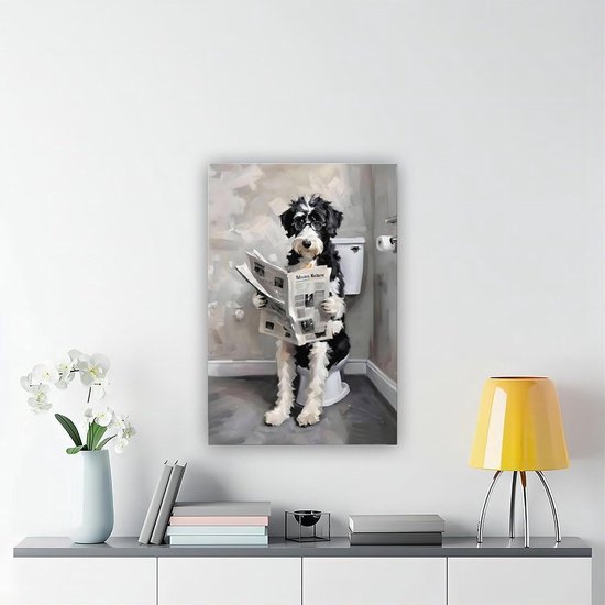 Poedel op canvas poster, poedel zittend op toiletbril en krant leest op canvas, muurkunst voor woonkamer slaapkamer, 30,5 cm lang — afbeelding 3