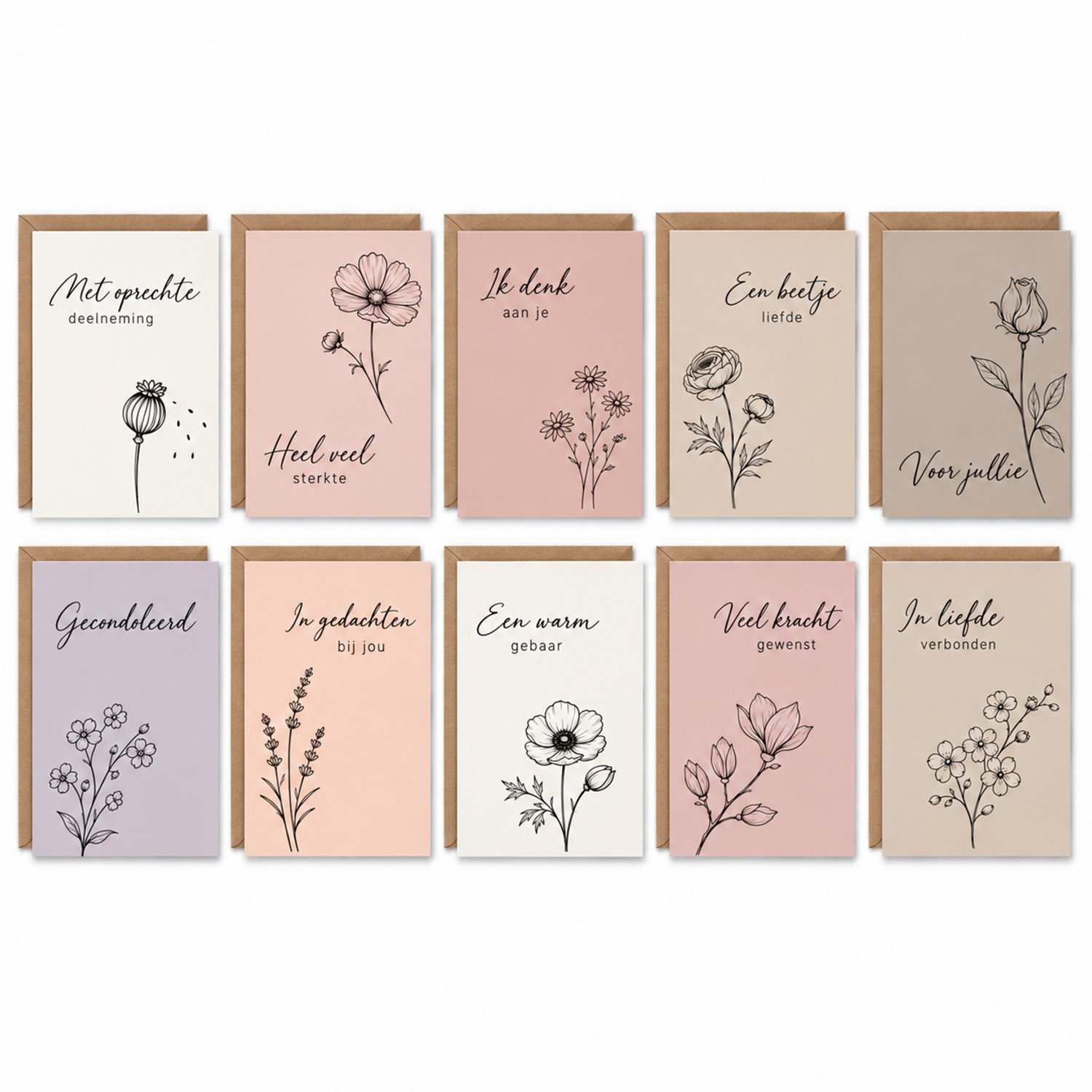 Cards & Crafts 10 Luxe Condoleancekaarten in Zachte Pasteltinten met Bloemillustraties – Sterkte en Deelneming – 12x17 cm – 300 g/m² – Inclusief Kraft Enveloppen