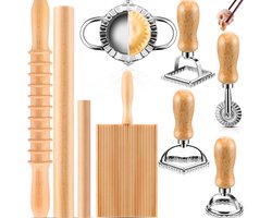 9-delige Pasta & Ravioli Maakset – Houten en RVS Pastamaker Gereedschap – DIY Dumpling, Ravioli & Pasta Set - Gnocchi bord - Snijden van Pasta/Koekjes - Eenvoudig te Reinigen