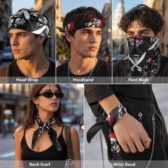 16 stuks piraten-bandana, doodshoofd, hoofddoek, halsdoek, zwart, heren en — afbeelding 5