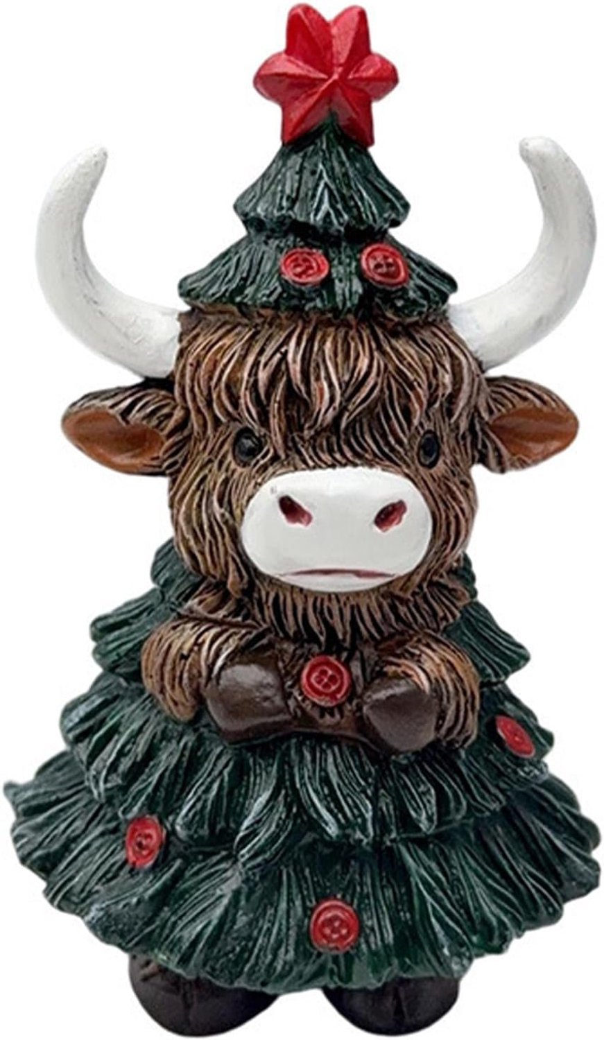 Winter Highland Cow-beeld: kerstboom met winterthema, Highland Cow-beeldjes decoratie voor op de tuintafel, plank in de keuken, kerstfeestdecoratie