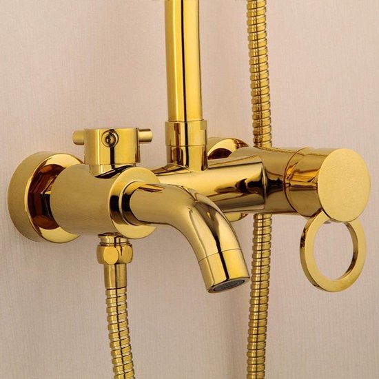 Mixer Douche Set Douche Set Alle Koper Goud Europese Badkamer Douche Set Handdouche Systeem is Onder Druk Lifting Rod Ronde Top Spray Douche Kraan 3 Functionele Band Mooie Praktische Bat — afbeelding 4
