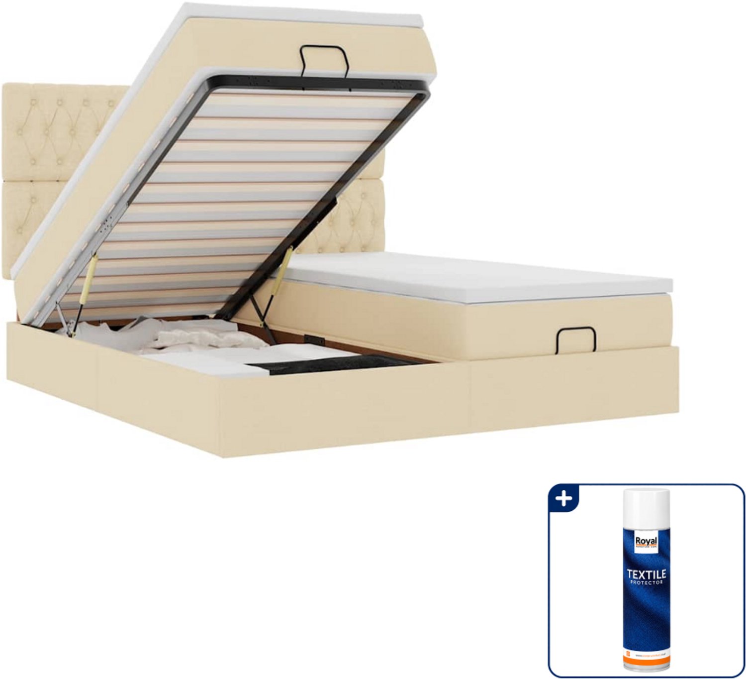 vidaXL Queensize ottoman bed - 160 x 200 cm - stof - crèmekleurig - Inclusief textielbeschermer 500 ml