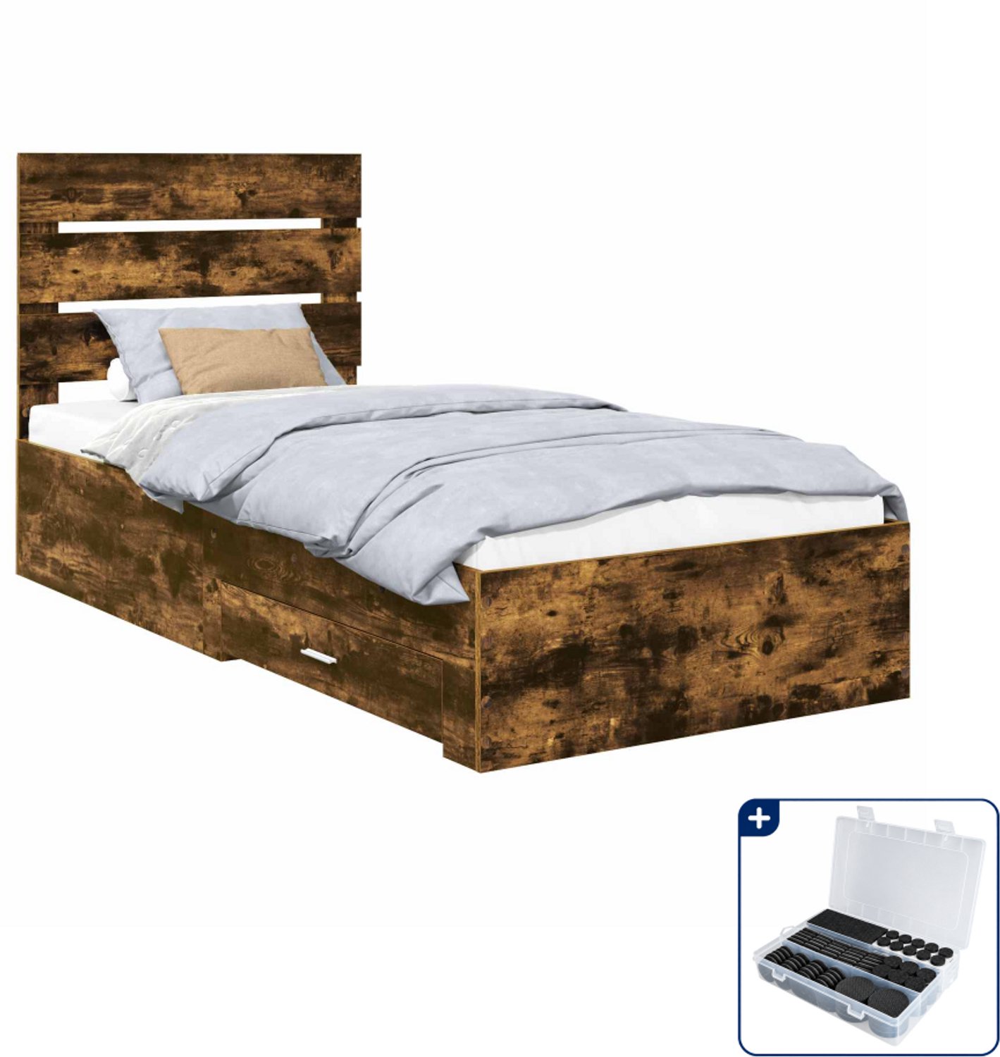 vidaXL bedframe met lade - 100 x 200 cm - bewerkt hout - gerookt eiken - Inclusief antikrasvilt 177-delig Grijs