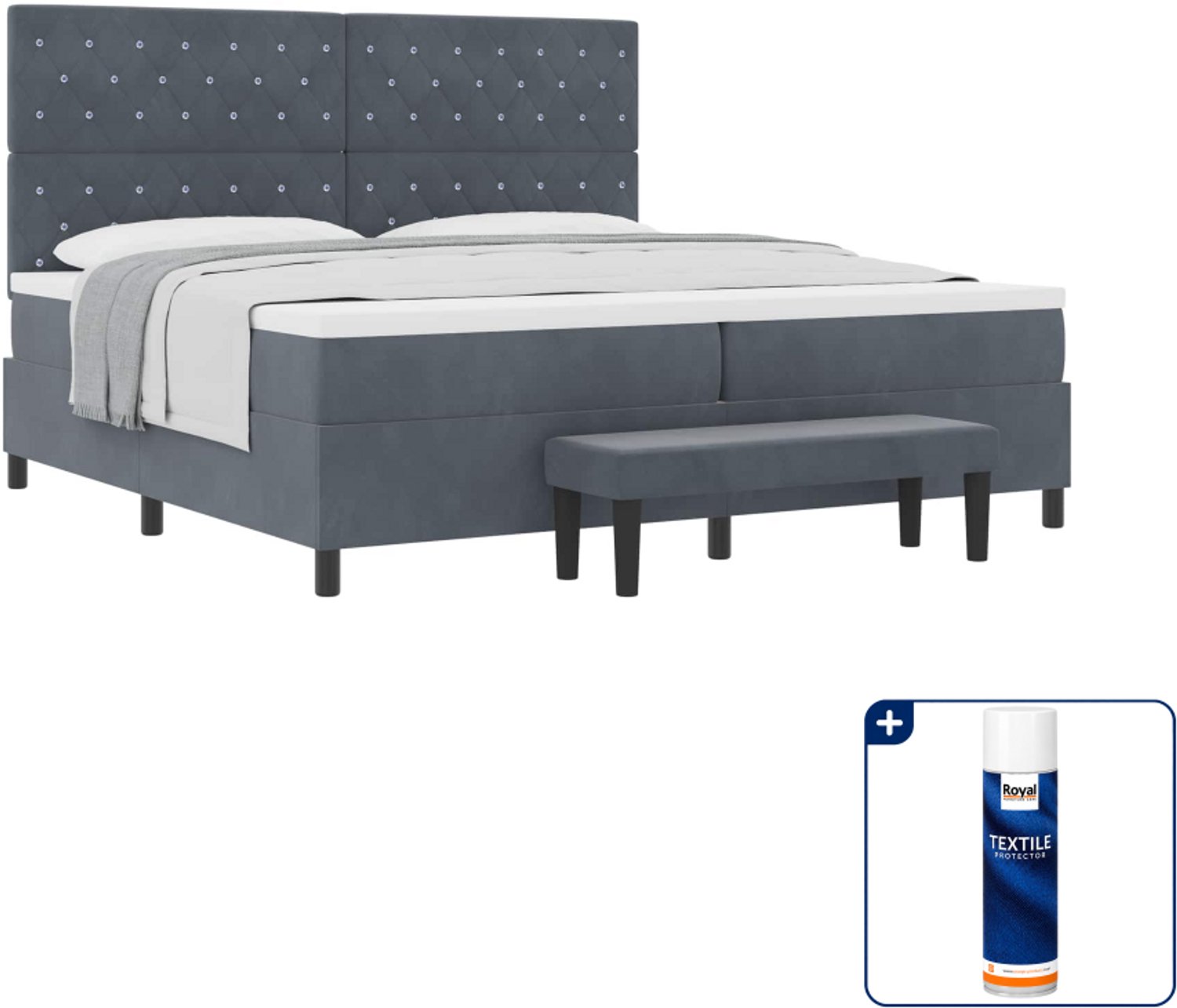 vidaXL boxspring met matras - 200 x 200 cm - fluweel - donkergrijs - Inclusief textielbeschermer 500 ml