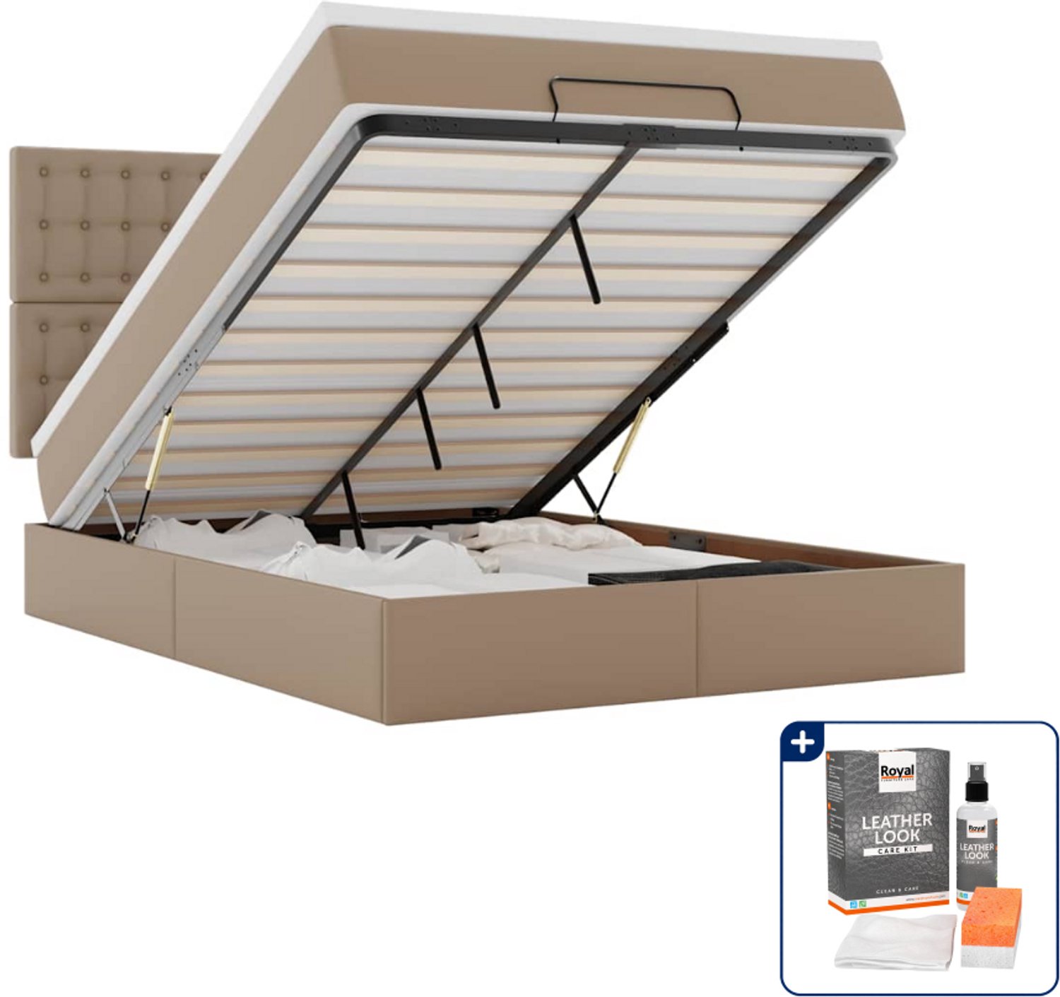vidaXL ottoman bed - 140 x 190 cm - kunstleer - cappuccino - Inclusief onderhoudsset voor kunstleer 150 ml Zwart