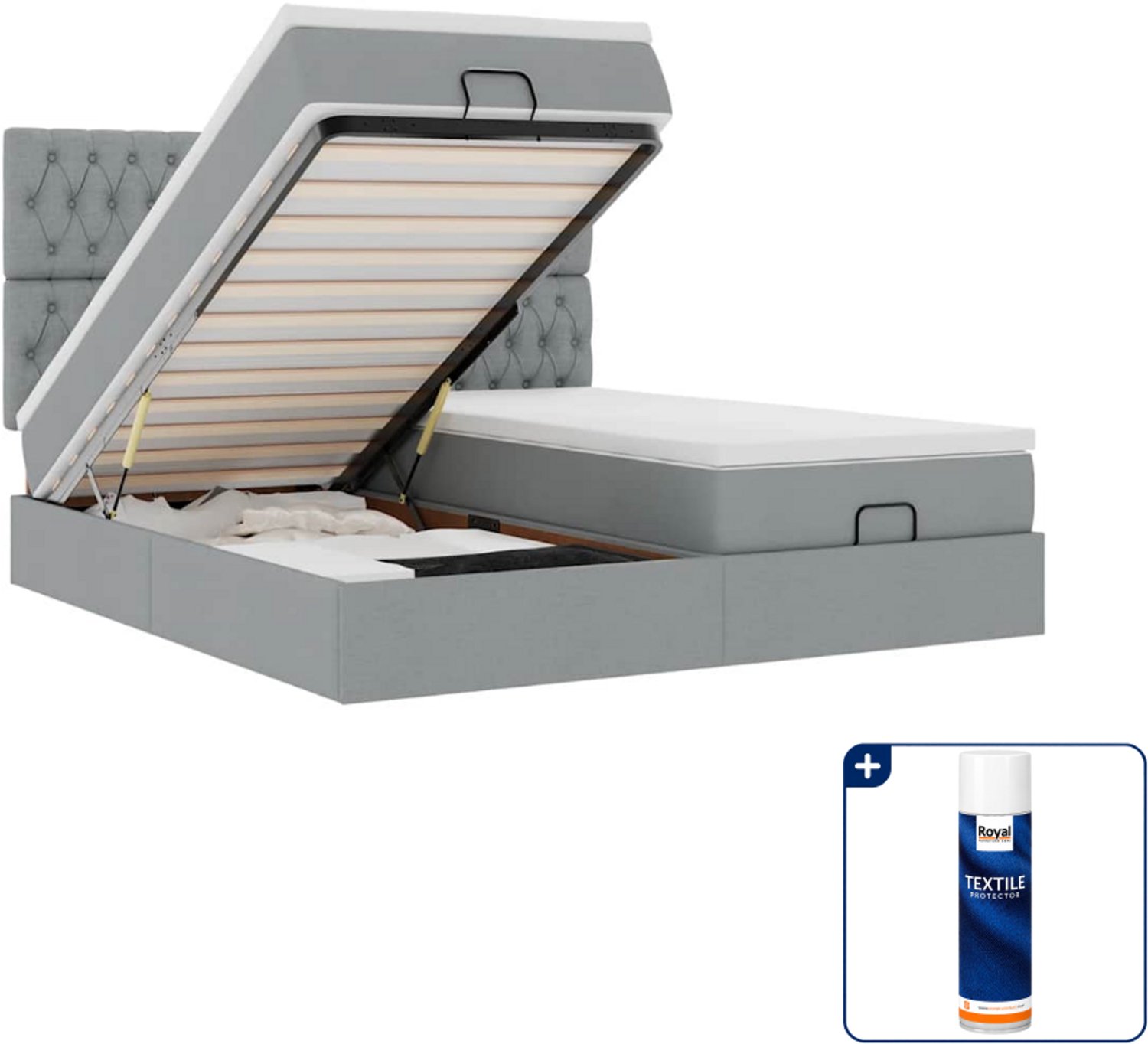 vidaXL Kingsize ottoman bed met matrassen - 180 x 200 cm - lichtgrijs - Inclusief textielbeschermer 500 ml Bruin