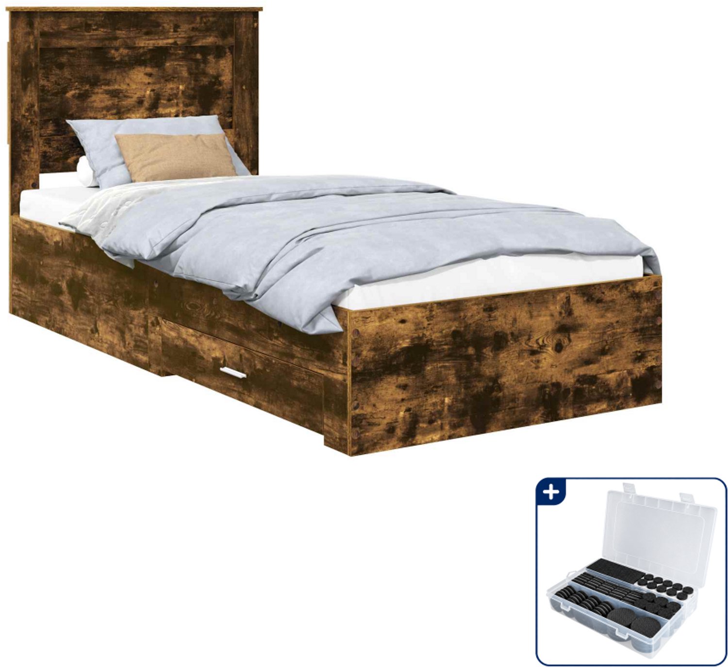 vidaXL Bedframe - 90 x 200 cm - bewerkt hout - gerookt eiken - Inclusief antikrasvilt 177-delig Bruin