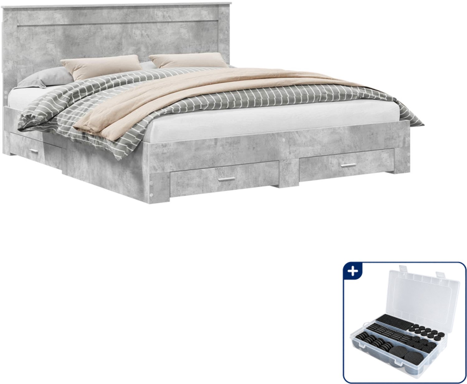 vidaXL bedframe met lade - Kingsize - 180 x 200 cm - beton grijs - Inclusief antikrasvilt 177-delig Zwart