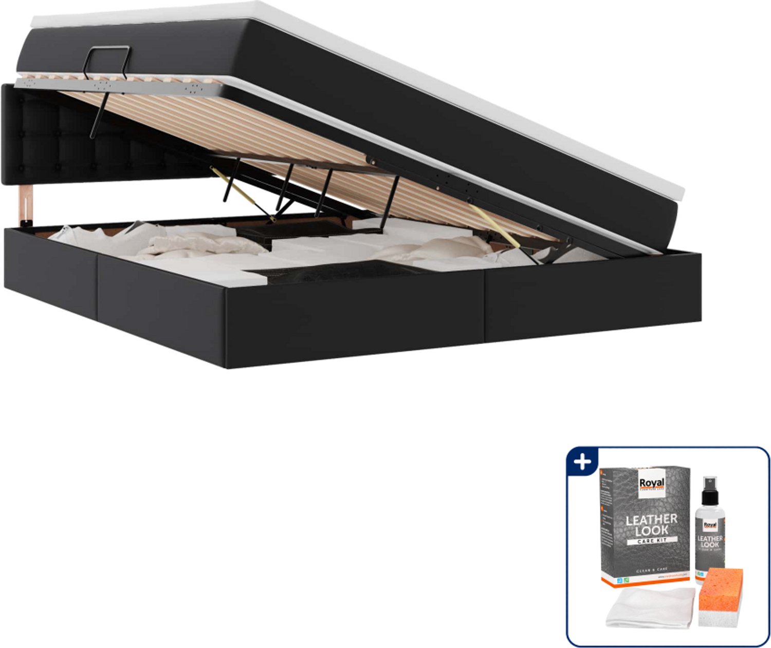 vidaXL opbergbed met led en matras - Queensize - 160 x 200 cm - zwart - Inclusief onderhoudsset voor kunstleer 150 ml Groen